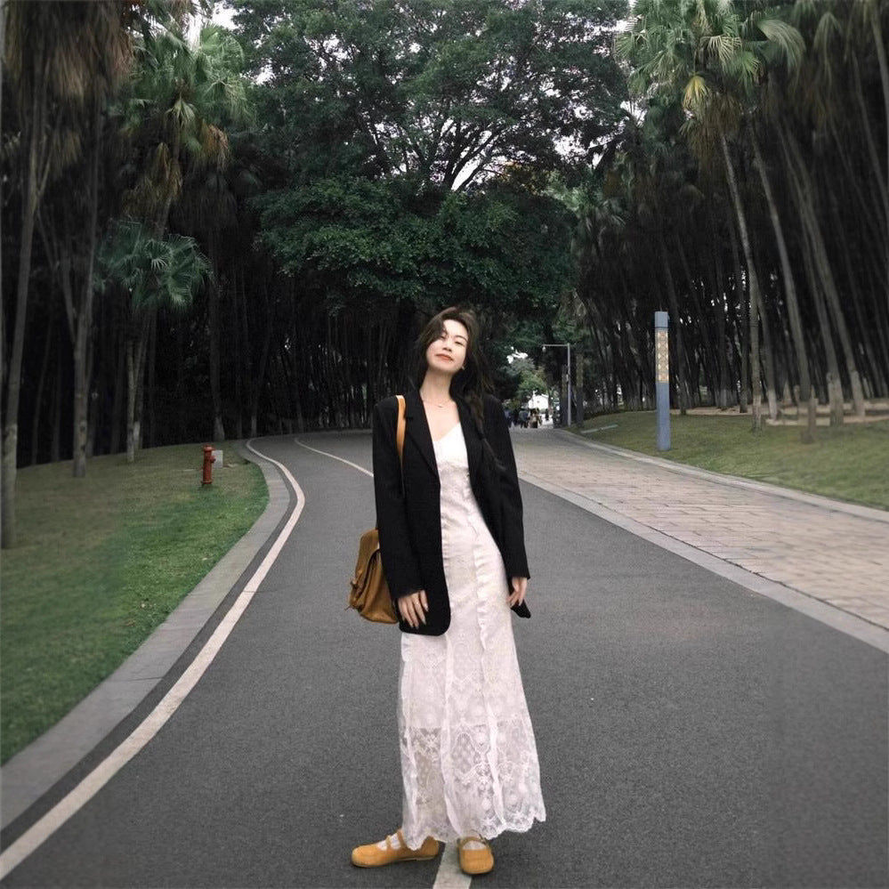 Retro Korean style spring suit women's black suit jacket a set of wear new lace dress fashion