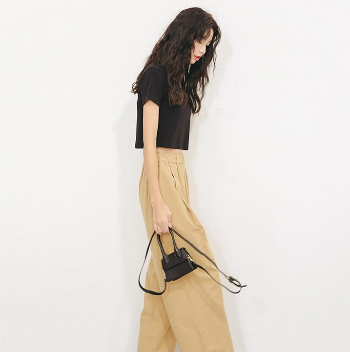 Korean style T-shirt straight shoulder slim all-match pure cotton style 