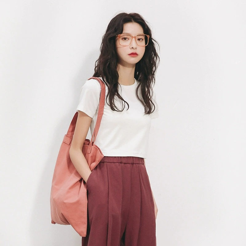 Korean style T-shirt straight shoulder slim all-match pure cotton style 