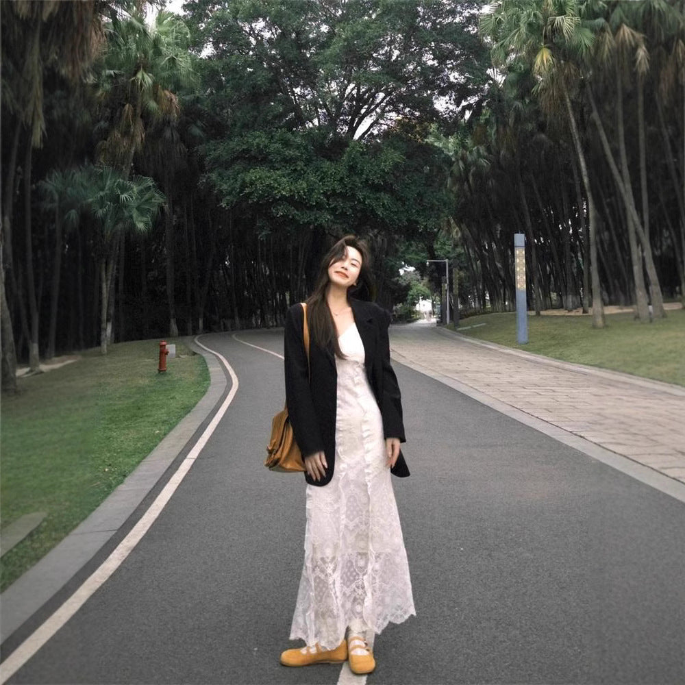 Retro Korean style spring suit women's black suit jacket a set of wear new lace dress fashion