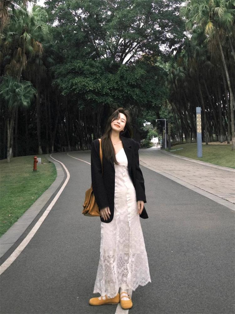 Retro Korean style spring suit women's black suit jacket a set of wear new lace dress fashion