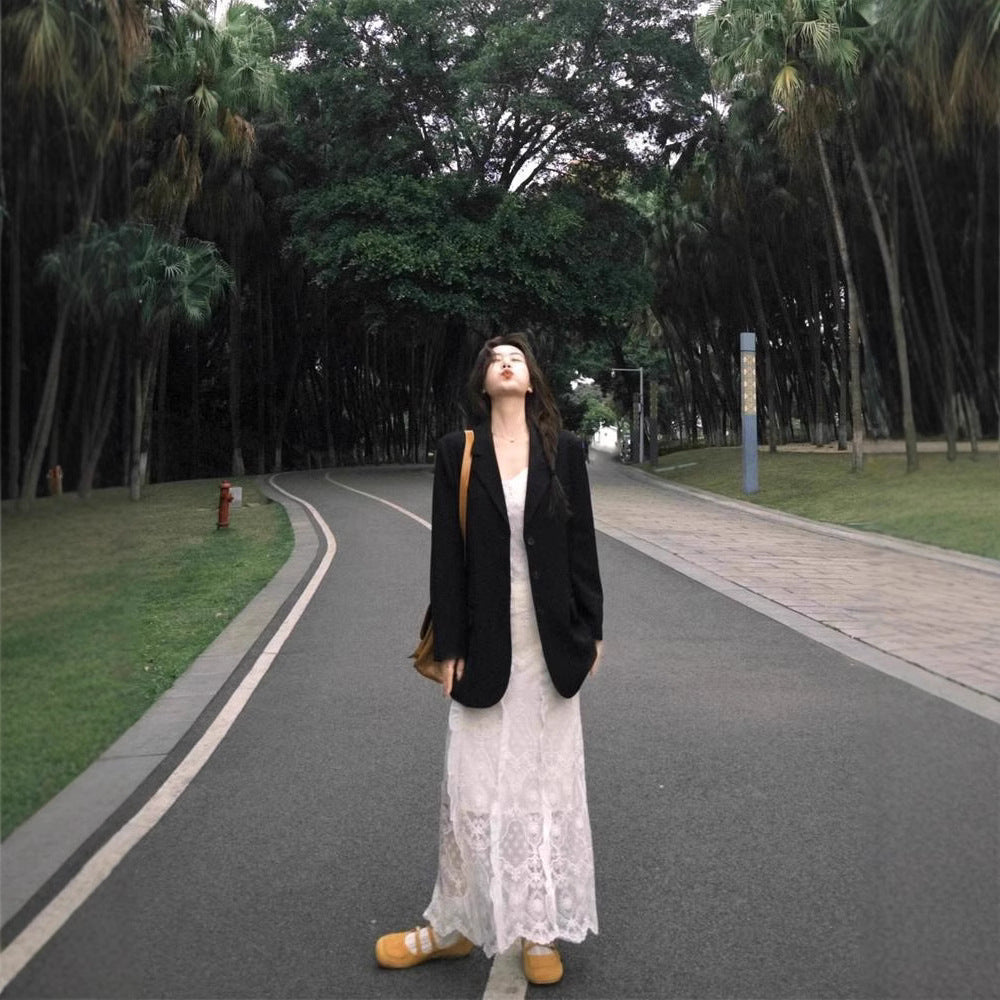 Retro Korean style spring suit women's black suit jacket a set of wear new lace dress fashion