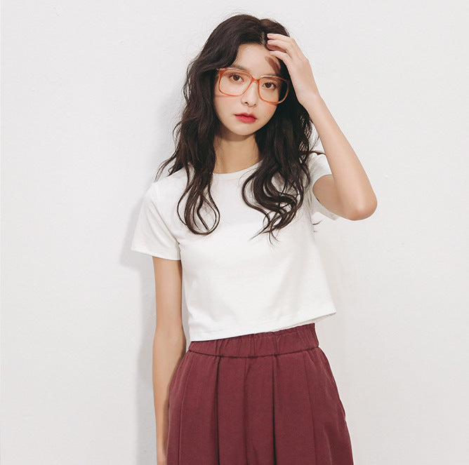 Korean style T-shirt straight shoulder slim all-match pure cotton style 