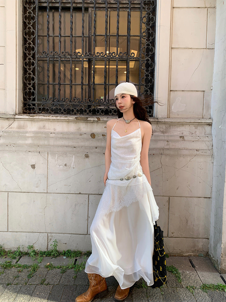 hanging winding cold lace swing collar neck strap irregular overskirt suit